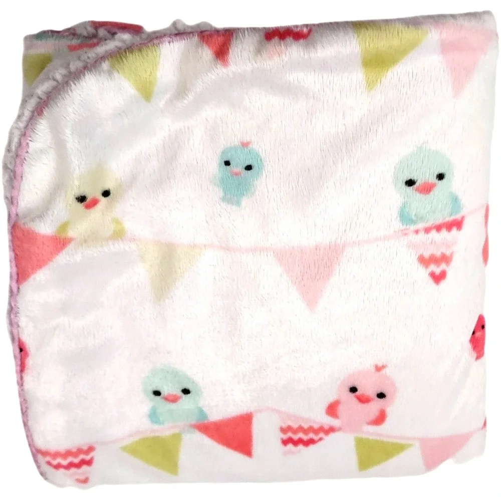 SL Home Fashions White Birds Flag Line Blanket‎ White Sherpa Pink Girl RN 119741